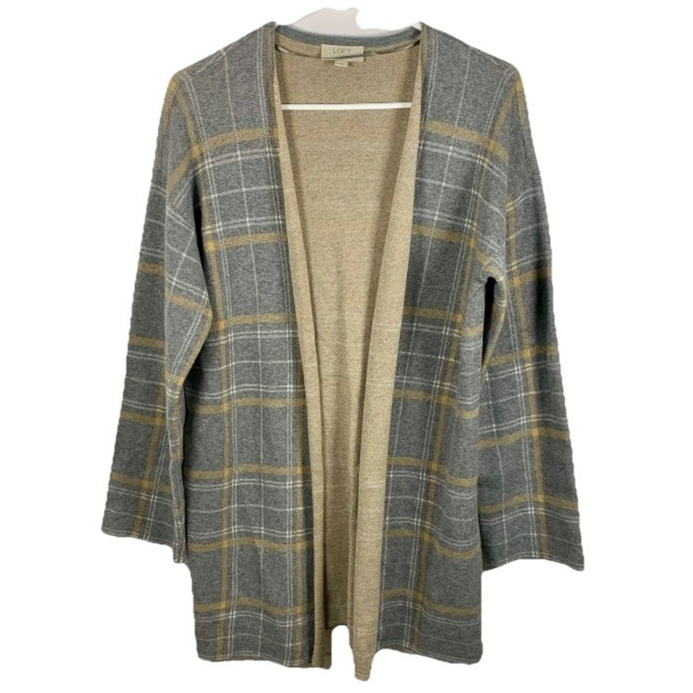 LOFT Plaid‎ Cardigan Sweater Sz L Petite Open Front Gray Tan Long Quiet Luxury